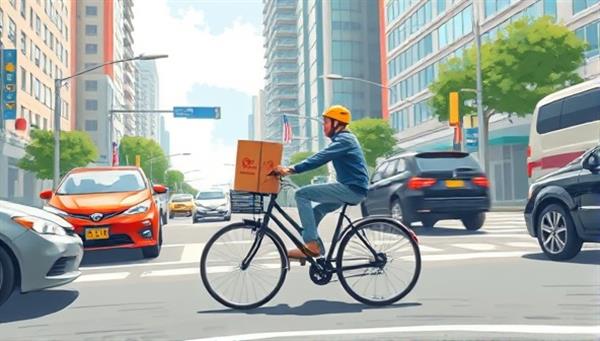 An urban streetscape illustration showcasing a delivery cyclist swiftly navigating through traffic with a branded delivery bag, emphasizing speed, efficiency, and convenience in urban logistics.