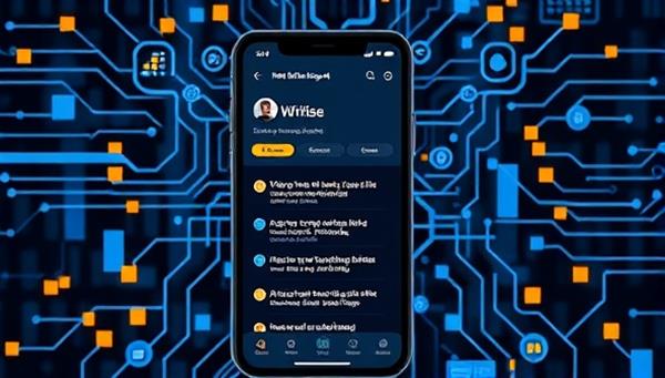 A smartphone screen displaying the WriteWise AI app interface, with a user receiving real-time writing suggestions and corrections, surrounded by digital AI elements like algorithms and data patterns, illustrating the app