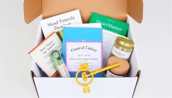 A beautifully designed subscription box overflowing with financial books, budgeting journals, wellness items like candles and herbal tea, and a golden key symbolizing financial empowerment and well-being, creating a visually appealing and enticing image for the MoneyMatters Box.