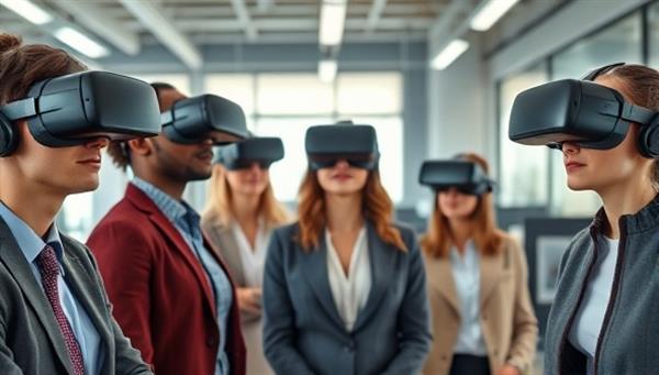 An image of a diverse group of professionals wearing VR headsets in a virtual office space, simulating a realistic job interview setting, with digital avatars representing candidates and interviewers.