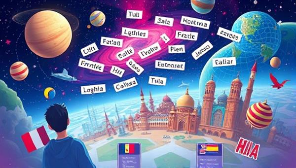 An educational and vibrant digital illustration of users exploring a virtual universe filled with language-related challenges, word puzzles, and cultural landmarks, highlighting the fun and interactive nature of language learning through gaming.