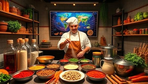 An immersive virtual cooking class setting with a chef demonstrating culinary techniques and recipes from a global destination, surrounded by vibrant spices, fresh ingredients, and cooking utensils, creating a sensory experience of travel through cuisine.