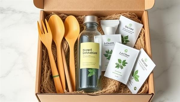 An aesthetically pleasing box filled with eco-friendly products like bamboo utensils, plant-based skincare, a reusable water bottle, and seed packets, symbolizing sustainability and conscious living.