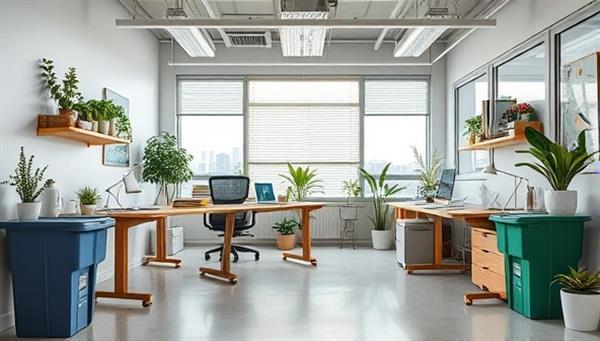 An image of a small business office transformed into a sustainable workspace with eco-friendly products, recycling bins, and energy-efficient lighting, showcasing a commitment to environmental responsibility.