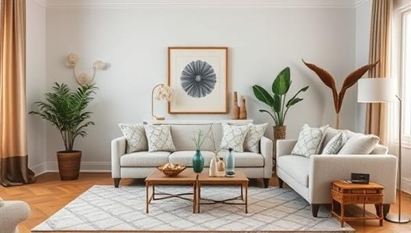 An elegant and cozy living room setting adorned with artisanal home decor items from the subscription box, showcasing the beauty and uniqueness of handcrafted pieces in a modern interior environment.