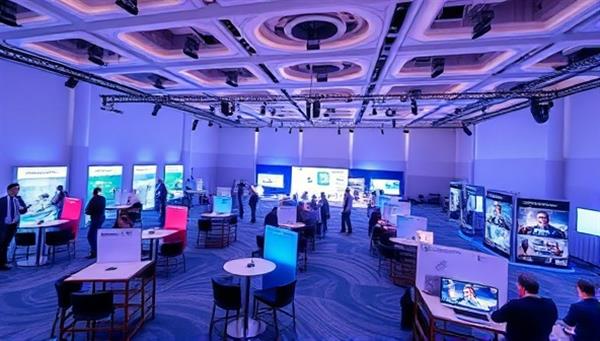 An immersive virtual event platform interface displaying a virtual conference hall with interactive booths, networking lounges, and live webinar sessions, illustrating the versatility and engagement potential of virtual events through a digital event space.