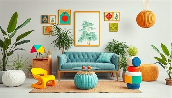 A visually impactful image displaying a collection of modern and colorful home decor items and accessories made from recycled plastic, arranged in an eco-friendly setting with green plants and natural elements, conveying the brand