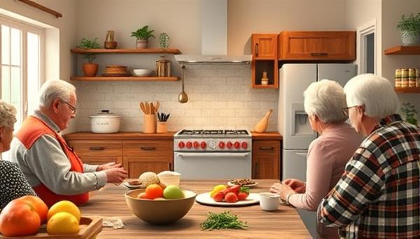 A cozy virtual kitchen setup with elderly avatars following along with a cooking demonstration, surrounded by fresh ingredients, cooking utensils, and a warm, inviting ambiance, creating a social and culinary experience that fosters connection and enjoyment for seniors.
