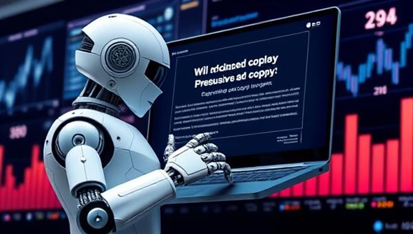 An AI-powered robot assistant typing out persuasive ad copy on a digital screen, surrounded by data charts and graphs symbolizing the data-driven and innovative nature of CopyGenius AI