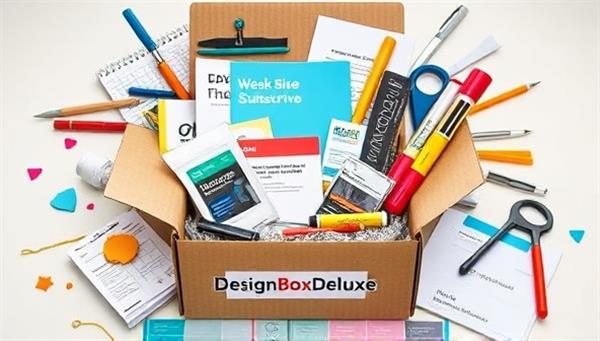 An aesthetically pleasing and colorful subscription box overflowing with design tools, materials, sketches, and inspirational items related to web design, arranged in a visually appealing composition, conveying the excitement and creativity of receiving a DesignBoxDeluxe package.