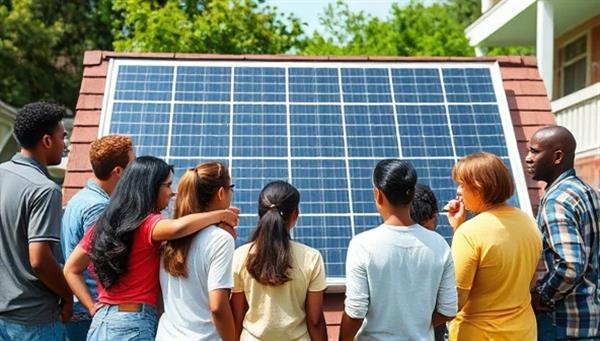 A diverse group of community members gathered around a solar panel installation, discussing sustainable energy solutions and cooperative ownership benefits, symbolizing the unity and collaboration fostered by SunUnity Co-op in promoting solar power within neighborhoods.