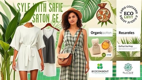 An aesthetically pleasing digital collage showcasing sustainable fashion items like organic cotton clothing, recycled accessories, and ethically sourced jewelry against a backdrop of lush greenery and eco-conscious branding elements, conveying a message of style with a purpose.