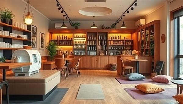 An inviting cafe interior with cozy seating areas, soft ambient lighting, shelves of herbal teas, and a tranquil meditation corner with cushions and yoga mats, creating a serene and calming ambiance for customers to unwind.