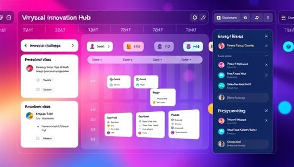 A dynamic visual of a virtual innovation hub interface displaying innovation challenges, project timelines, and collaborative tools for team members to brainstorm ideas, share feedback, and visualize project progress, fostering a culture of creativity and innovation in a digital space.